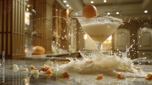   A glass holding milk, an egg precariously balanced atop it, milk spattering slightly from the egg's edge photo