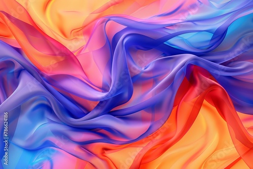 Abstract background with colorful waves of fabric in orange, blue and purple colors. Abstract fluid art concept. Digital illustration with high resolution