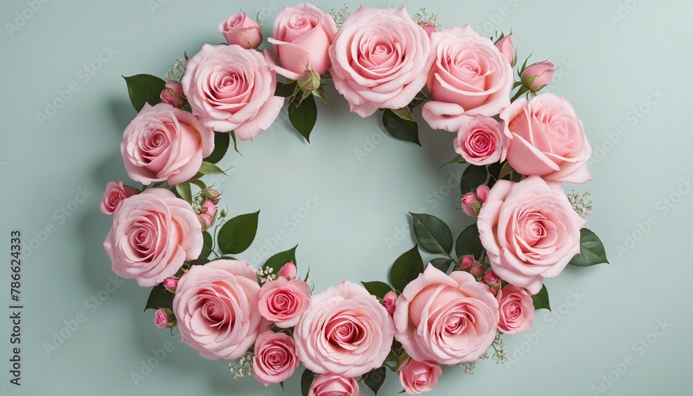 Pink rose wreath isolated on white in bright colours 