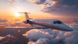 Sunset Soar: Business Jet Elegantly Cruising Above Clouds. Concept Air Travel, Sunset Views, Luxury Lifestyle, Business Jets, Sky High