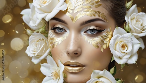 Beautiful woman face with white rose in bright colours 