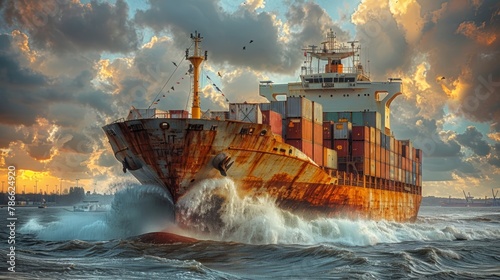 Big container cargo ship overcomes the big waves and sails to the port
