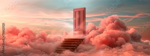 3D render illustration of stairs leading to an opened door amidst clouds, symbolizing ascent to new opportunities and promotion 