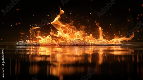 Close-up of flames burning on black background, hot fire, campfire, bbq grill fire.