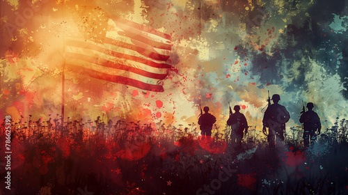 American flag waving in the wind with soldiers