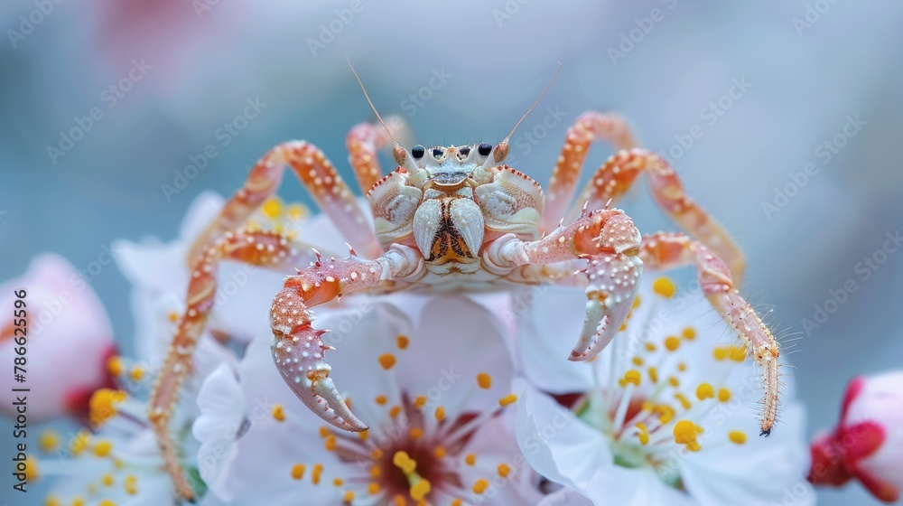 Spider Crab perched on a blossom - obrazy, fototapety, plakaty 