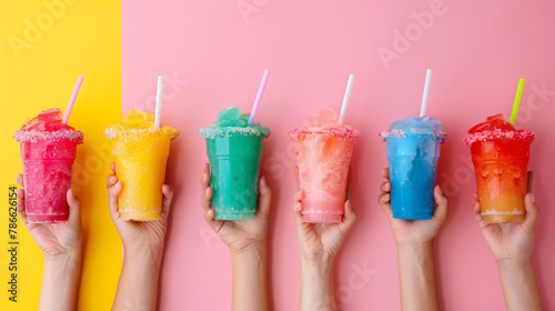 Summer concept hands holding selection of colorful drinks