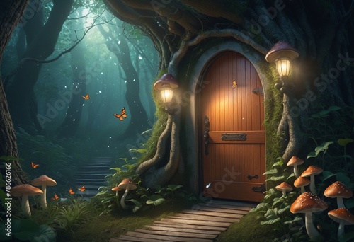 Fantasy enchanted fairy tale forest in bright colours 