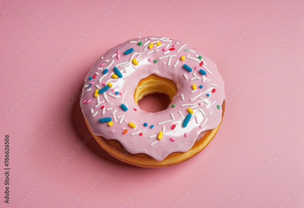 Pink doughnut with sprinkles on pink in bright colours 