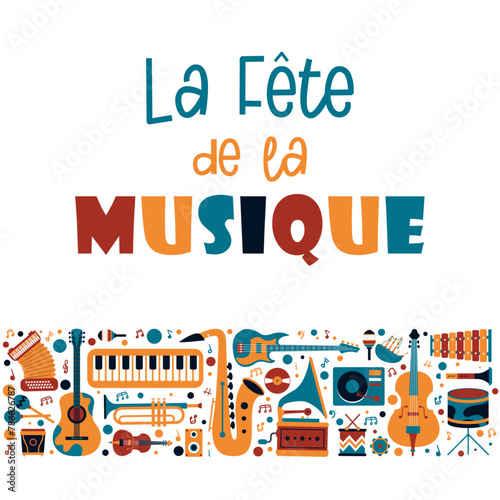 Bannière colorée - Fête de la musique - 21 juin - Titre et instruments de musique - Célébration populaire - Typographie moderne éditable - éléments festifs colorés -  Pour affiche de concerts 
