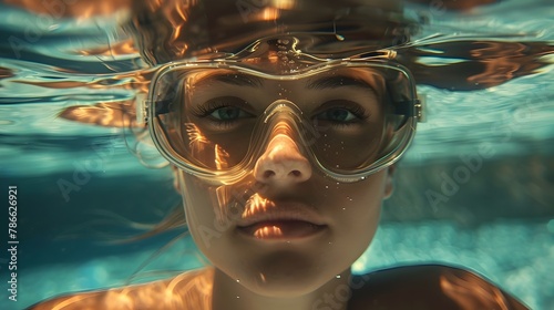 Determined Female Swimmer Competing Underwater in Tranquil Swimming Pool