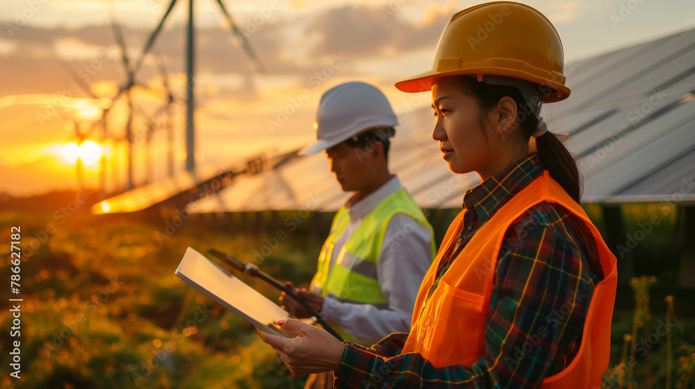 Two people in bright waistcoats and yellow paint hold tablets near a solar power station and a wind farm are alternative energy engineers Two people in bright waistcoats and yellow paint hold tablets near a solar power station and a wind farm are alternative energy engineers