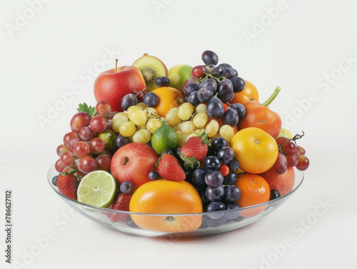 A bowl of fruit with a variety of fruits including apples  oranges  and grapes. The bowl is placed on a white background