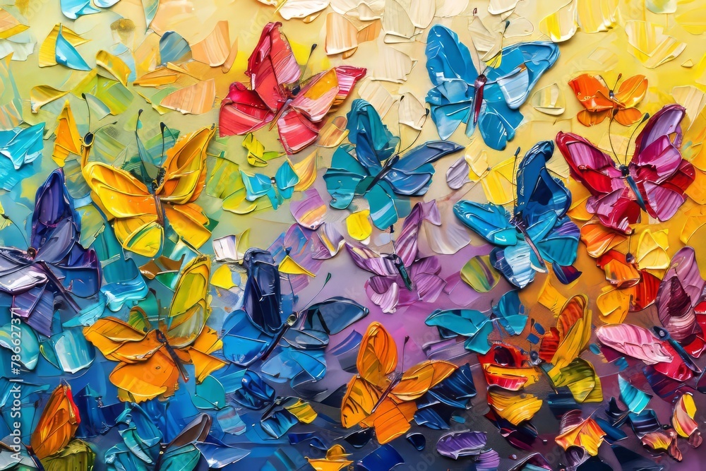 Abstract oil painting of colorful butterflies on canvas, with an impasto texture and detailed style. The painting is in the style of an abstract oil painting with colorful butterflies on canvas Abstract oil painting of colorful butterflies on canvas, with an impasto texture and detailed style. The painting is in the style of an abstract oil painting with colorful butterflies on canvas