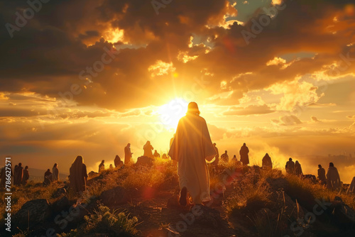 Christianity, sunrise and people on mountain with Jesus for religion, spiritual teaching and bible story. Gospel, prophet and men and women walking together for faith, belief and worship with God