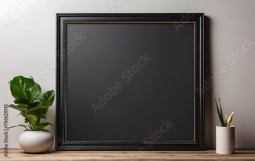 Blank dark frame with dark border against black background, Empty blank photo frame mockup design