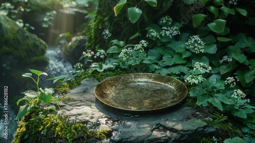 Tranquil Garden Scene with Shimmering Water Bowl Amidst Flourishing Greenery