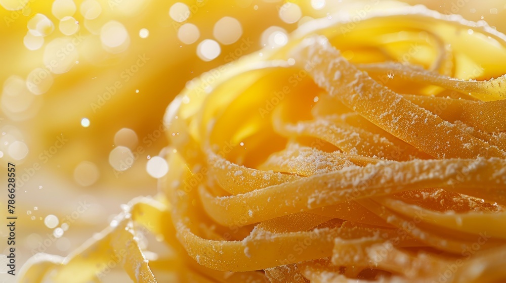 Macro image of coiled fettuccine pasta with flour dusting and light bokeh effects. The intertwined pasta with light reflections and a hint of bokeh Macro image of coiled fettuccine pasta with flour dusting and light bokeh effects. The intertwined pasta with light reflections and a hint of bokeh