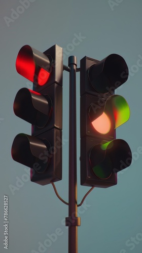 Traffic light showing both red and green signals in a surrealistic transition, concept of decision making.