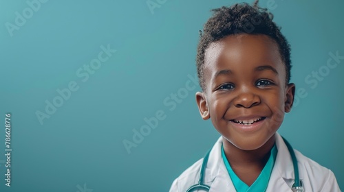 Smiling young boy dressed as a doctor with stethoscope on a teal background. Child in medical attire promoting healthcare careers. Happy African American kid aspiring to be a healthcare professional. photo