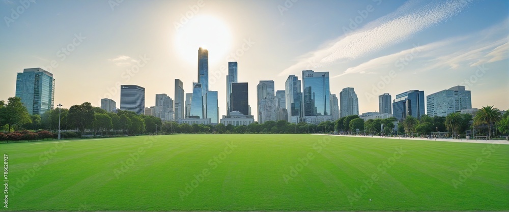 Green lawn with city in bright colours 