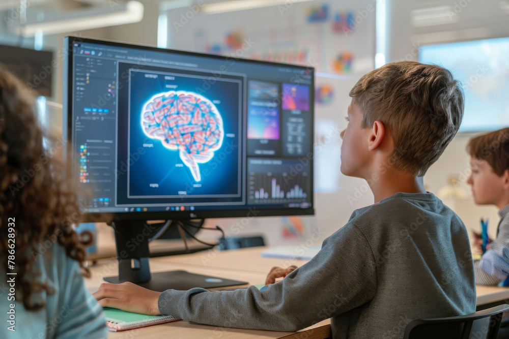 Boy in classroom looking at brain illustration on monitor