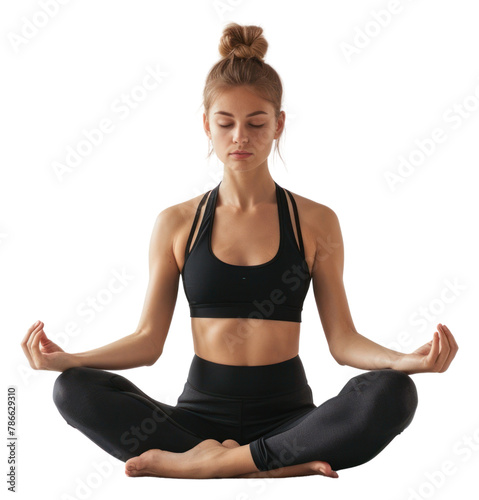 PNG Young woman practicing yoga sitting in the lotus position sports adult concentration