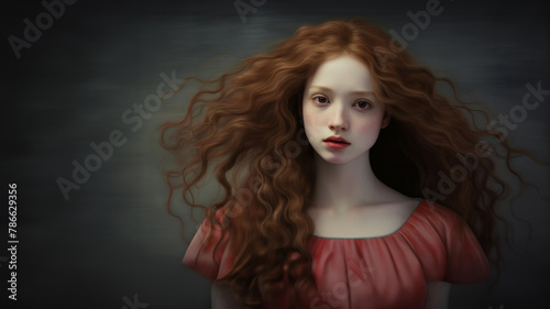 A dreamy llustration of a young woman with long reddish brown hair, pale skin, and wearing a red dress.