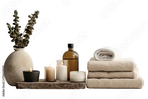 PNG Beautiful Spa treatment set in minimal bathroom interior candle towel vase