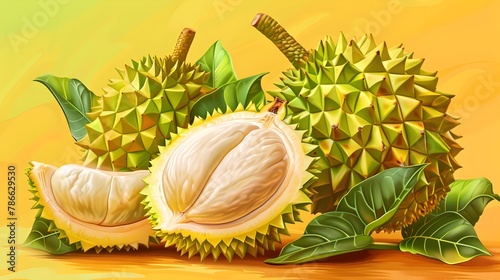 Durian Fruit Pile on Vibrant Green Leaves with Yellow Background