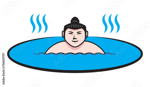Line art vector of smiling Japanese wide body man or Sumo man in hot spring or Japanese onsen drawing in colorful cartoon vector