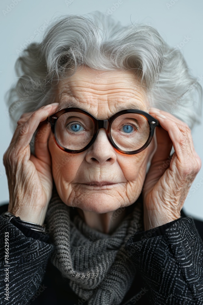 An old woman wearing plump glasses is alone, isolated on grey background An old woman wearing plump glasses is alone, isolated on grey background