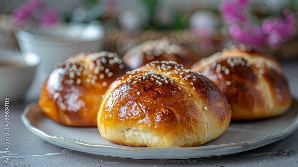   A table holds a plate of hot cross buns, a steaming cup of coffee nearby, and a vase adorned with flowers