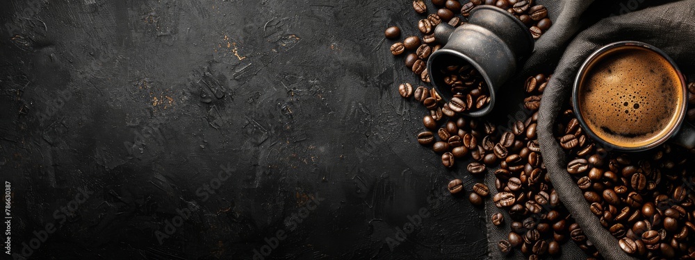 Mood-boosting Concept with Fragrant Coffee Beans and a Delicious Cup of Fresh Brew - obrazy, fototapety, plakaty 