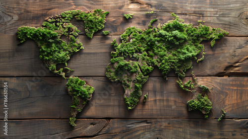 The earthday concept - world map made of moss rusti wood