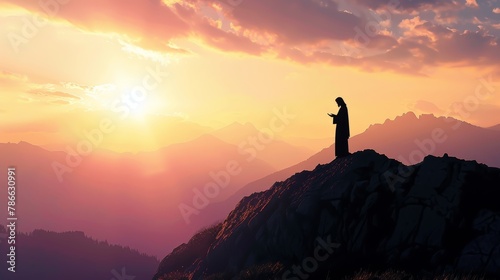 Silhouette of jesus preaching sermon on mountain top in biblical gospel teaching