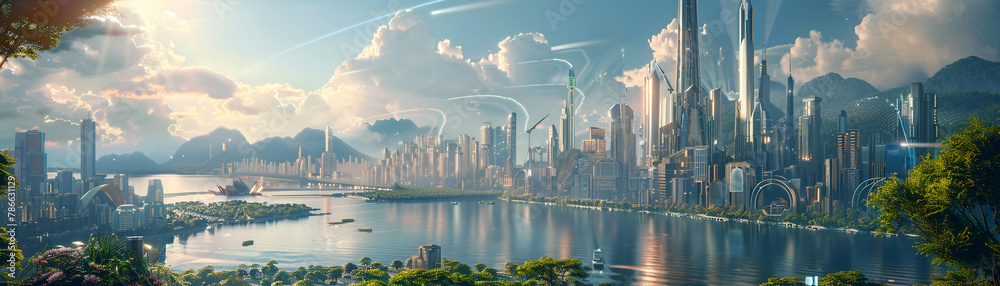 Futuristic Cityscape Panorama - obrazy, fototapety, plakaty 