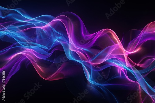 Abstract waves of light in blue, pink and purple colors on a black background. Abstract futuristic design element for a banner or presentation with copy space area