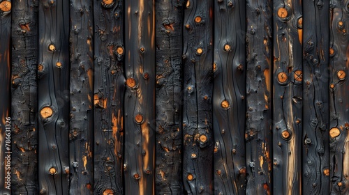  A tight shot of a weathered wooden fence, displaying intricate wood grain patterns and several distinct holes