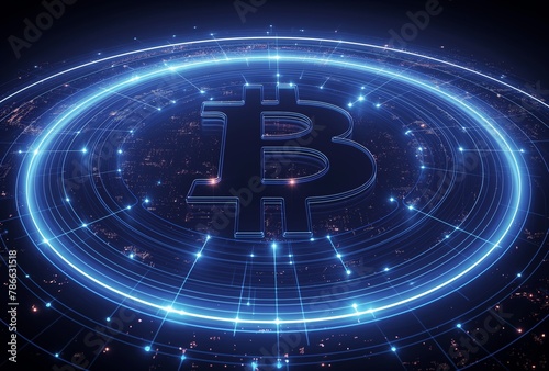 Abstract background with a blue glow bitcoin logo