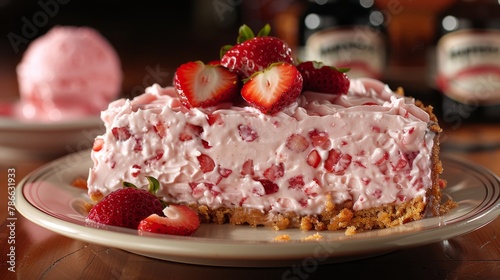   A cheesecake topped with strawberries and ice cream on a plate © Olga