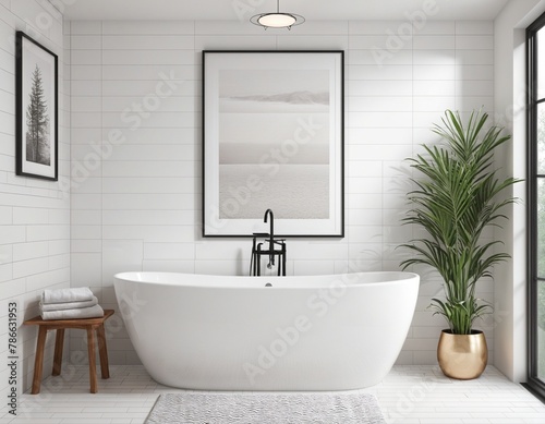 Poster mockup in white cosy bathroom in bright colours 
