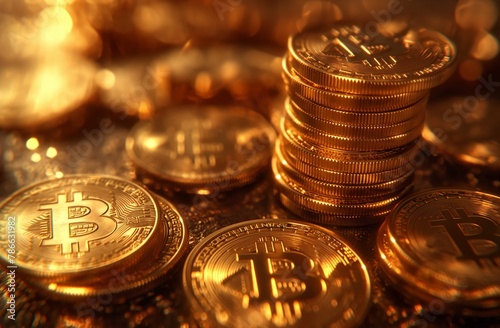 Closeup of many golden bitcoins