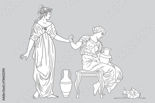 An ancient Greek woman sits on a chair and holds a jug of wine in her hands and talking with her friend. Two figures isolated on grey background