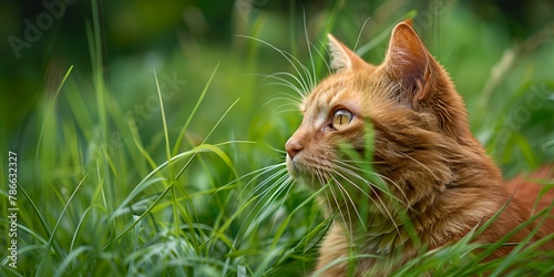 Red cat in grass flowers