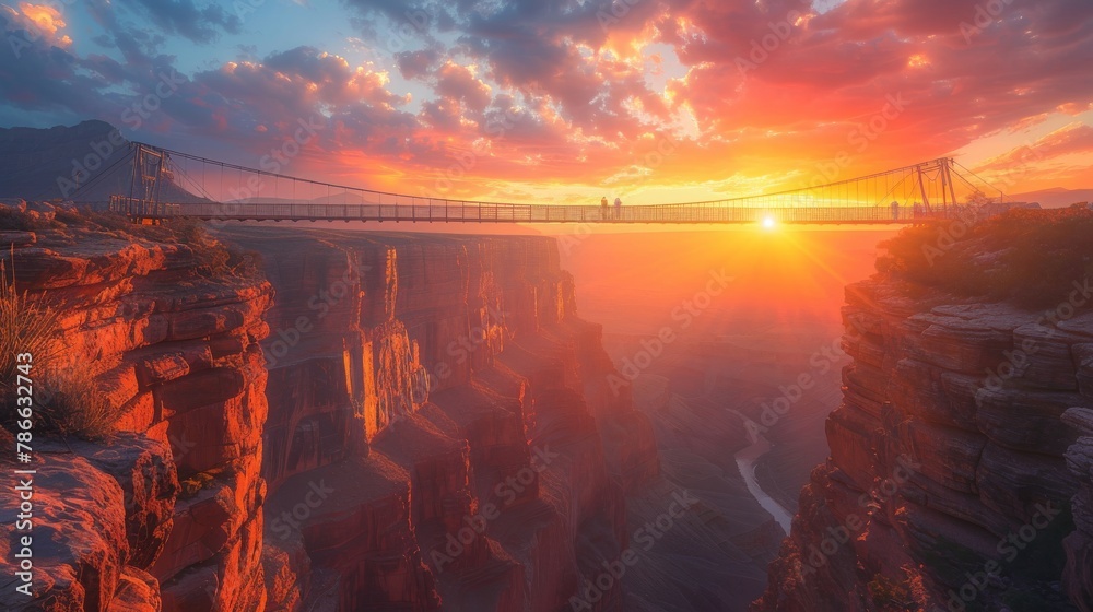 Breathtaking sunset over a majestic canyon with a visible suspension bridge in a rugged landscape - obrazy, fototapety, plakaty 