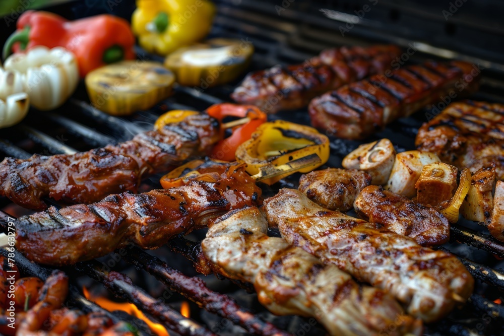 Delicious barbecue grilling outdoors on a sunny day.