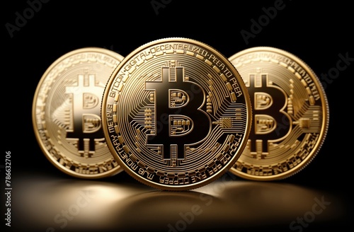 Three bitcoins isolated on a dark background