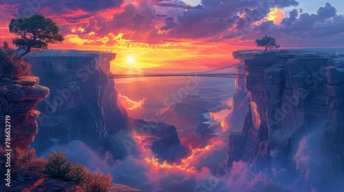 Breathtaking sunset over a majestic canyon with a visible suspension bridge in a rugged landscape