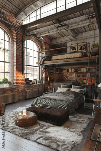 Industrial-Style Loft: Exposed Brick Walls & Lofted Sleeping Area